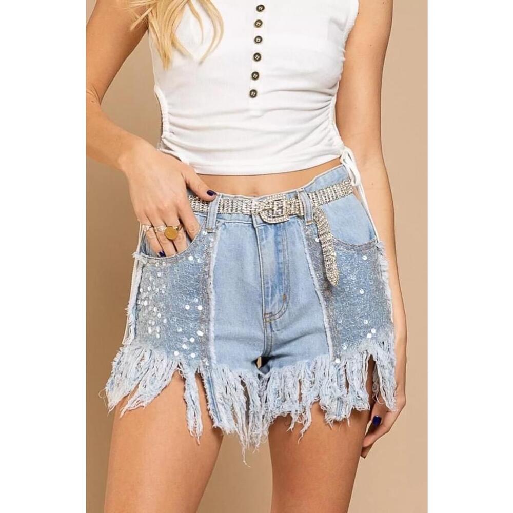 POL Women’s Sequin High-Rise Cut-Off Raw Fringe Jean Shorts NWT Size Medium